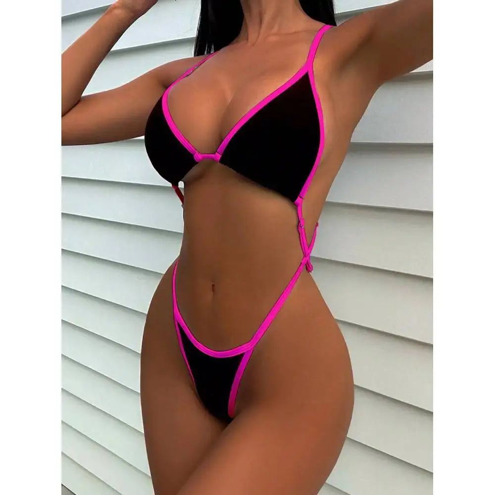 Cikini Summer Beach - Traje de baño de una pieza con cuello halter y ribete en contraste para mujer, sexy, traje de baño